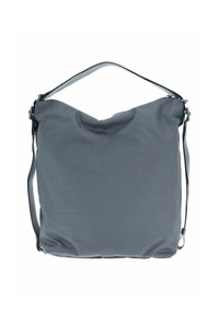 Borsa a spalla grigia con texture, dal design flessibile, dotata di una sola tracolla regolabile e una chiusura superiore arrotondata.
