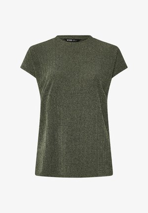 Top verde a maniche corte realizzato in tessuto testurizzato, con scollatura rotonda e vestibilità rilassata. Nessun motivo o dettaglio visibile.