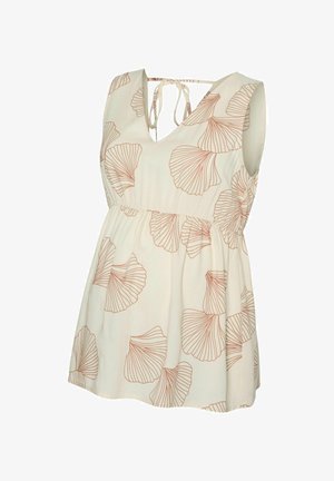 Let bluse i let stof med V-hals og korte ærmer, prydet med et ginkgo blade-mønster i orange farver og med elastisk talje for mere form.