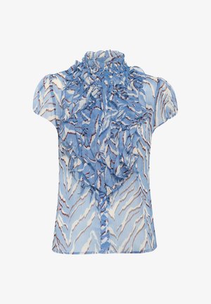 Blåblommig blus med hög volangkrage, korta ärmar och knappstängning, tillverkad av lätt, genomskinlig tyg med en mjuk textur.