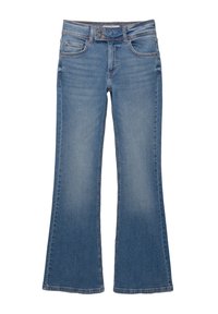 Modré džínové kalhoty s rozšířenými nohavicemi a středním pasem, pěti kapsami a viditelným švem. Hladká textura s třepeným lemem na nohavicích.