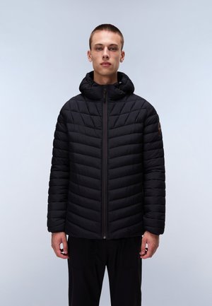 Black padded jacket with a zip front, featuring a hood and chevron quilt pattern. The fabric is smooth with a soft sheen.