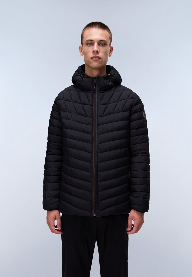 Black padded jacket with a zip front, featuring a hood and chevron quilt pattern. The fabric is smooth with a soft sheen.