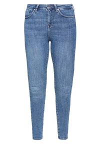 Vaqueros ajustados azules de mezclilla con acabado desteñido, diseño de cinco bolsillos y trabillas para cinturón. Fabricados con tejido de algodón con un ligero elasticidad para mayor comodidad.