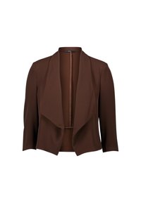 Ruskea, kevyt bleiseri, jossa on laskeutuva etuosa, avoin kaulus ja kolme neljänneksen mittaiset hihat. Sileä pinta ilman näkyviä metalliosia tai koristuksia.