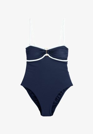 Morski jednodijelni kupaći kostim s bijelim rubom, podesivim naramenicama i centralnim zlatnim detaljem; s naboranim materijalom na tijelu.