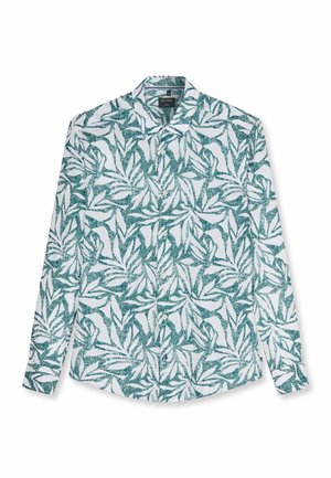 Camicia a maniche lunghe con bottoni, motivo a foglie verdi su sfondo bianco, colletto classico e vestibilità casual.