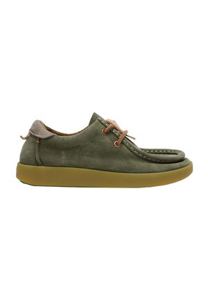 Low-top olive green suede casual shoe with brown laces and thick light brown rubber sole, viewed from the side on white background.