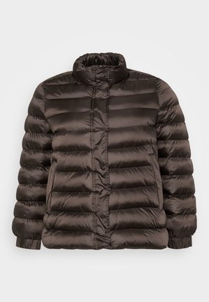 Dark brown puffer jacket with a high collar, horizontal quilting, elastic cuffs, and a smooth, shiny surface. Front zip closure.