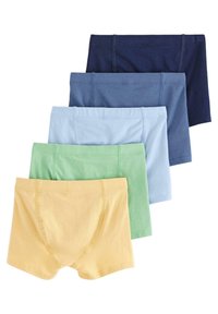 Set di boxer in cinque colori: navy, blu scuro, blu chiaro, verde e giallo. Realizzati in morbido cotone con un cintura elastica.