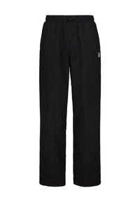 Schwarze, leichte Hosen mit einem elastischen Bund und Kordelzug. Schlichte Beinform, glatte Textur, mit einem kleinen Logo an der Seite.