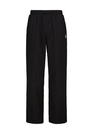 Pantaloni neri leggeri con elastico in vita e cordino. Design a gamba dritta, texture liscia, con un piccolo logo sul lato.