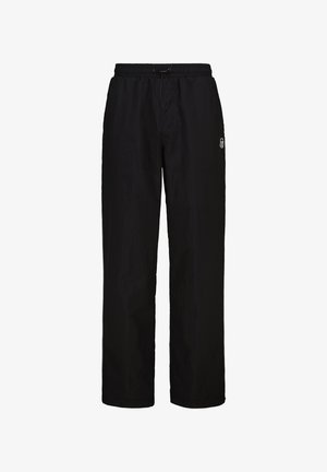 Schwarze, leichte Hosen mit einem elastischen Bund und Kordelzug. Schlichte Beinform, glatte Textur, mit einem kleinen Logo an der Seite.