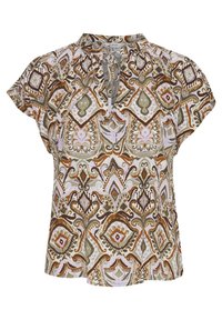 Blouse à manches courtes avec un tissu à motifs complexes en marron, vert et violet. Présente un col noué et une coupe décontractée.