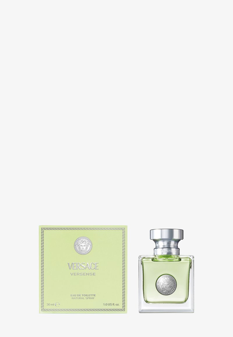 Parfum Versace Versense, flacon en verre de 30 ml avec bouchon argenté, liquide vert clair, orné d'un emblème Méduse et boîte en carton vert menthe.