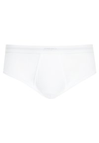 Mutande bianche in cotone con una texture liscia, elastico in vita e design senza cuciture. Forma standard per intimo maschile di colore uniforme.