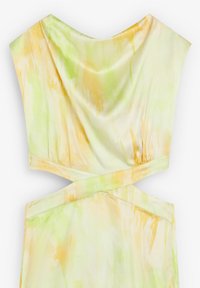 Satin dress in pastel yellow and green with an abstract watercolor pattern, featuring a draped neckline and cross-back design.