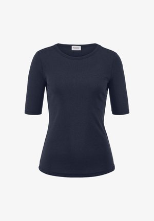 Damen-T-Shirt in Marineblau, tailliert, mit kurzen Ärmeln und rundem Halsausschnitt, innen mit kleinem Markenlabel am Halsansatz.