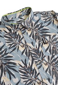 Košeľa s krátkym rukávom svetlomodrej farby s listovým vzorom v čiernej, zelenej a broskyňovej. Obsahuje zapínanie na gombíky a golier s označením.