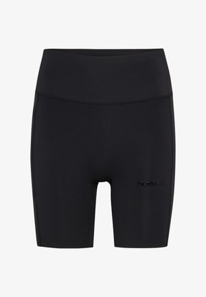Czarne krótkie spodenki rowerowe z wysokim stanem, o gładkim wykończeniu i małym wypukłym logo marki na lewym udzie.
