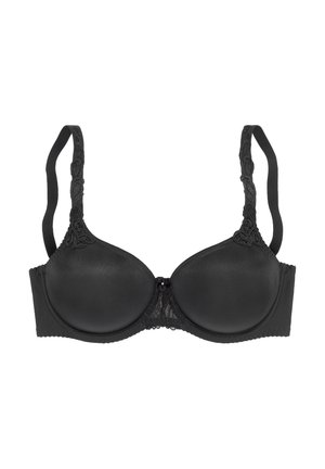 Black padded underwire bra with adjustable lace-accented straps and small decorative lace panel at center front.