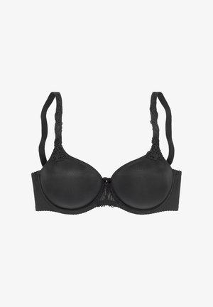 Schwarzer gepolsterter Bügel-BH mit verstellbaren, spitzenverzierten Trägern und kleinem dekorativem Spitzenpaneel in der vorderen Mitte.
