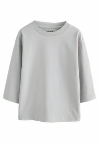 Helles graues kurzärmliges T-Shirt aus weicher Baumwolle mit rundem Ausschnitt und schlichtem, unauffälligem Design. Gerader Saum für einen lässigen Sitz.