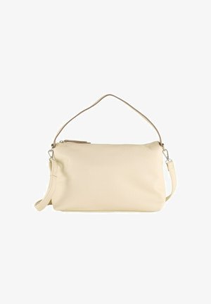 Sac à main en cuir crème avec une texture lisse, doté d'une seule poignée supérieure et d'une bandoulière réglable, terminé par une fermeture éclair en haut.