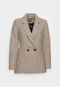 Podwójnie zapięta marynarka w wzór w houndstooth, z teksturowanym materiałem w brązowo-kremowych odcieniach, z satynową czarną podszewką i klapami w stylu notch.