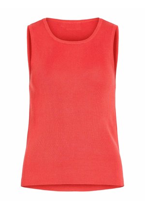 Top rojo de punto sin mangas con cuello redondo y dobladillo ligeramente curvado, mostrado sobre un fondo blanco.