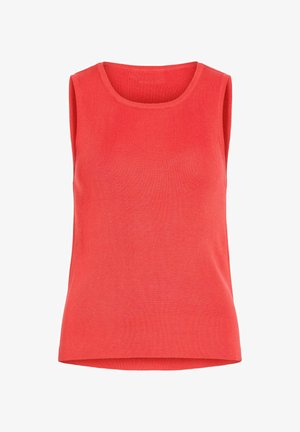 Rdeč brezrokavnik iz pletenine z okroglim izrezom in rahlo zaobljenim spodnjim robom, prikazan na belem ozadju.