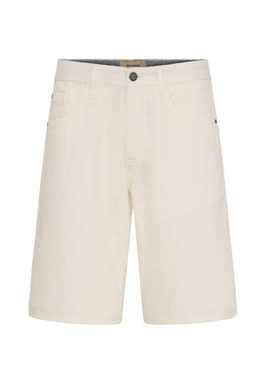 Shorts beige longueur genou avec bouton frontal, passants de ceinture, et poches latérales, présentés sur un fond blanc.