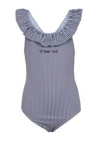Marinblå och vit randig baddräkt med en volangkrage och logotypdetalj; tillverkad av elastiskt material som ger en figurnära silhuett.