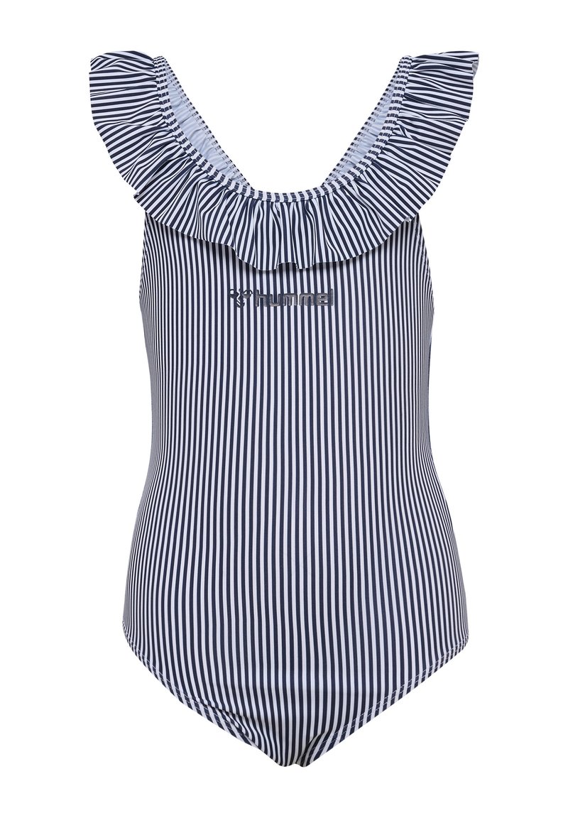 Marinblå och vit randig baddräkt med en volangkrage och logotypdetalj; tillverkad av elastiskt material som ger en figurnära silhuett.