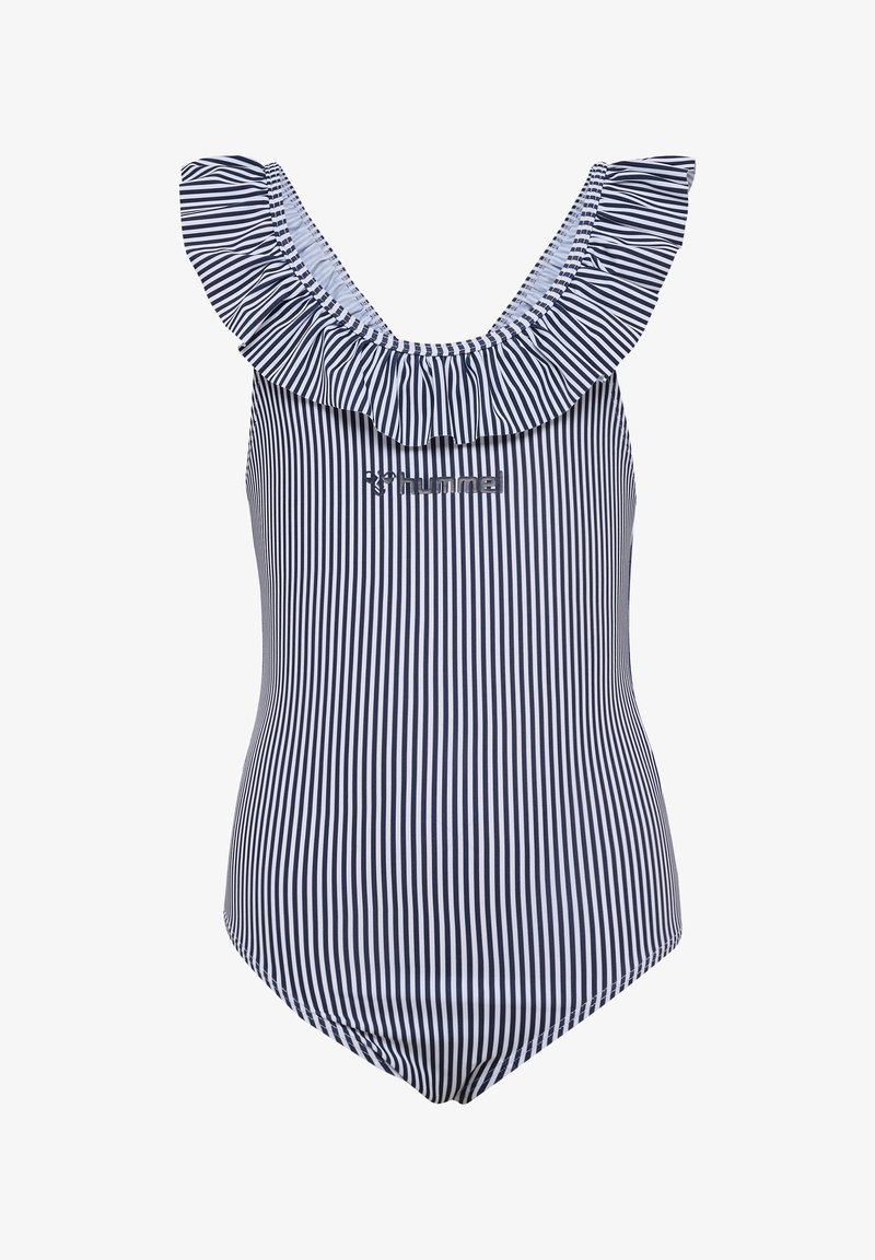 Jednoczęściowy strój kąpielowy w granatowo-białe paski z falbaną przy dekolcie i detalem z logo; wykonany z elastycznego materiału, który zapewnia dopasowaną sylwetkę.