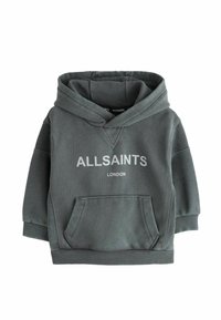 Felpa con cappuccio in grigio scuro con tasca a marsupio, polsini a costine e "ALLSAINTS LONDON" stampato in bianco sul davanti. Tessuto strutturato.
