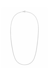 Silverfärgad kedja halsband med en slät, vriden design. Utrustad med ett enkelt hummerlås. Längden är lämplig för lagerpålägg eller för att bäras ensam.