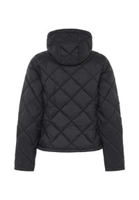 Veste matelassée noire avec capuche, dotée de surpiqûres en forme de diamant et de manches longues, conçue pour la chaleur et le confort.