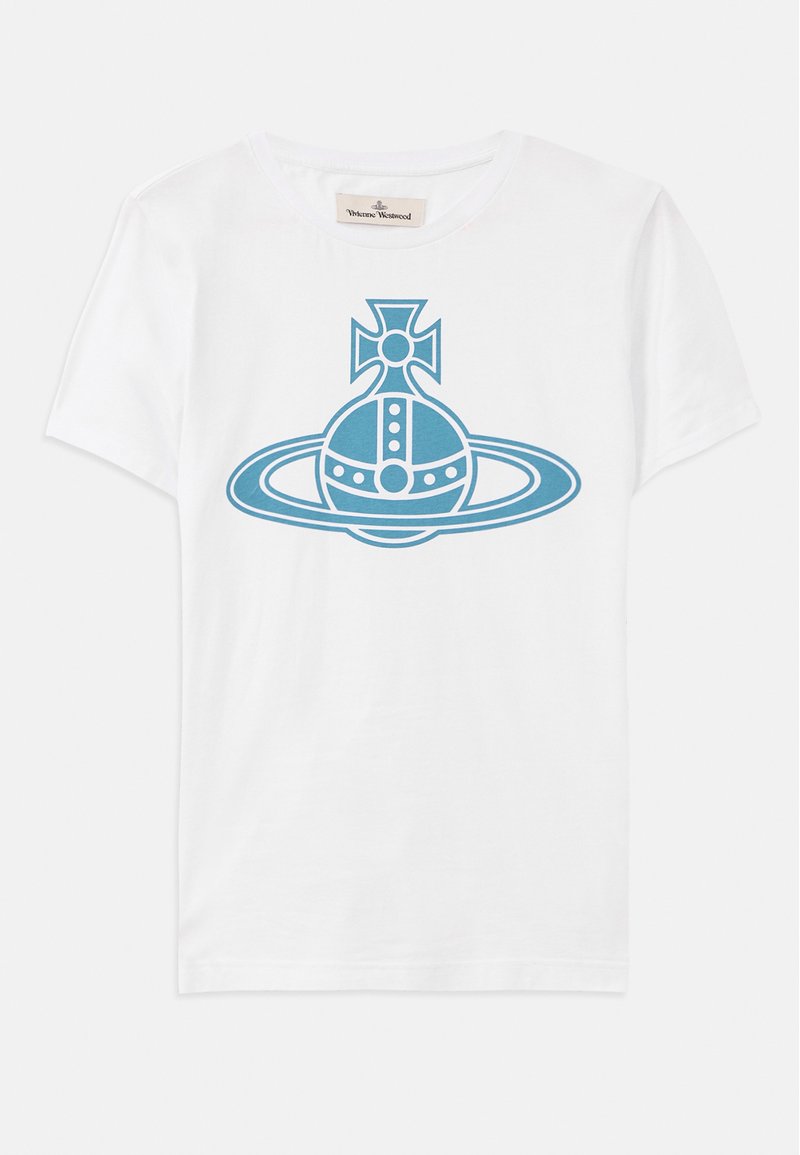 T-shirt en coton blanc avec un design graphique bleu représentant une croix au-dessus d'une forme circulaire entourée d'un anneau. Design classique à col ras du cou.