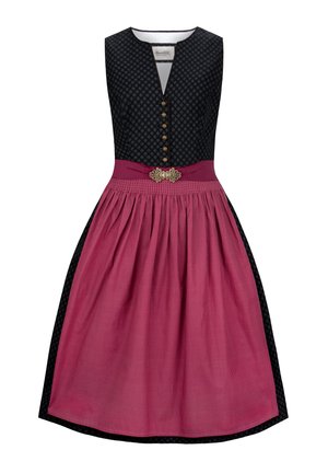Black sleeveless dress with a textured bodice, featuring a v-neck and brown buttons, and a pink pleated skirt with a decorative belt buckle.