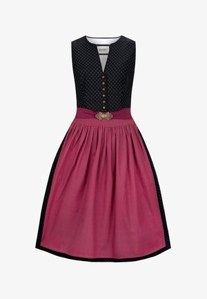 Schwarzes ärmelloses Kleid mit einem strukturierten Oberteil, V-Ausschnitt und braunen Knöpfen, sowie einem rosa plissierten Rock mit einer dekorativen Gürtelschnalle.