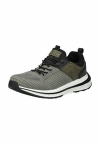 Herren Sportschuhe aus grauem Stoff mit schwarzen Akzenten. Sie verfügen über ein strukturiertes Obermaterial, strapazierfähige Schnürsenkel und eine gepolsterte weiße Sohle mit schwarzem Rand.