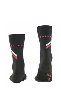 Czarne skarpetki wykonane z elastycznego materiału, ozdobione czerwono-białymi ukośnymi paskami, wzmocnionymi piętami oraz nazwą marki "FALKE" w czerwonym kolorze.