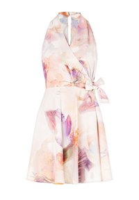 Robe portefeuille à fleurs dans des couleurs pastel claires, dotée d'un col licou, d'une taille nouée et d'une jupe plissée avec une texture de tissu douce et fluide.