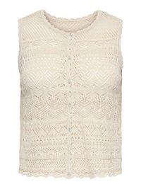 Sleeveless beige crochet knit vest with scalloped edges and a front row of small round buttons.
