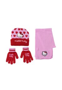 Hello Kitty winteraccessoireset: rode handschoenen, roze geribbelde sjaal en roze muts met rode harten, met Hello Kitty ontwerp en branding.