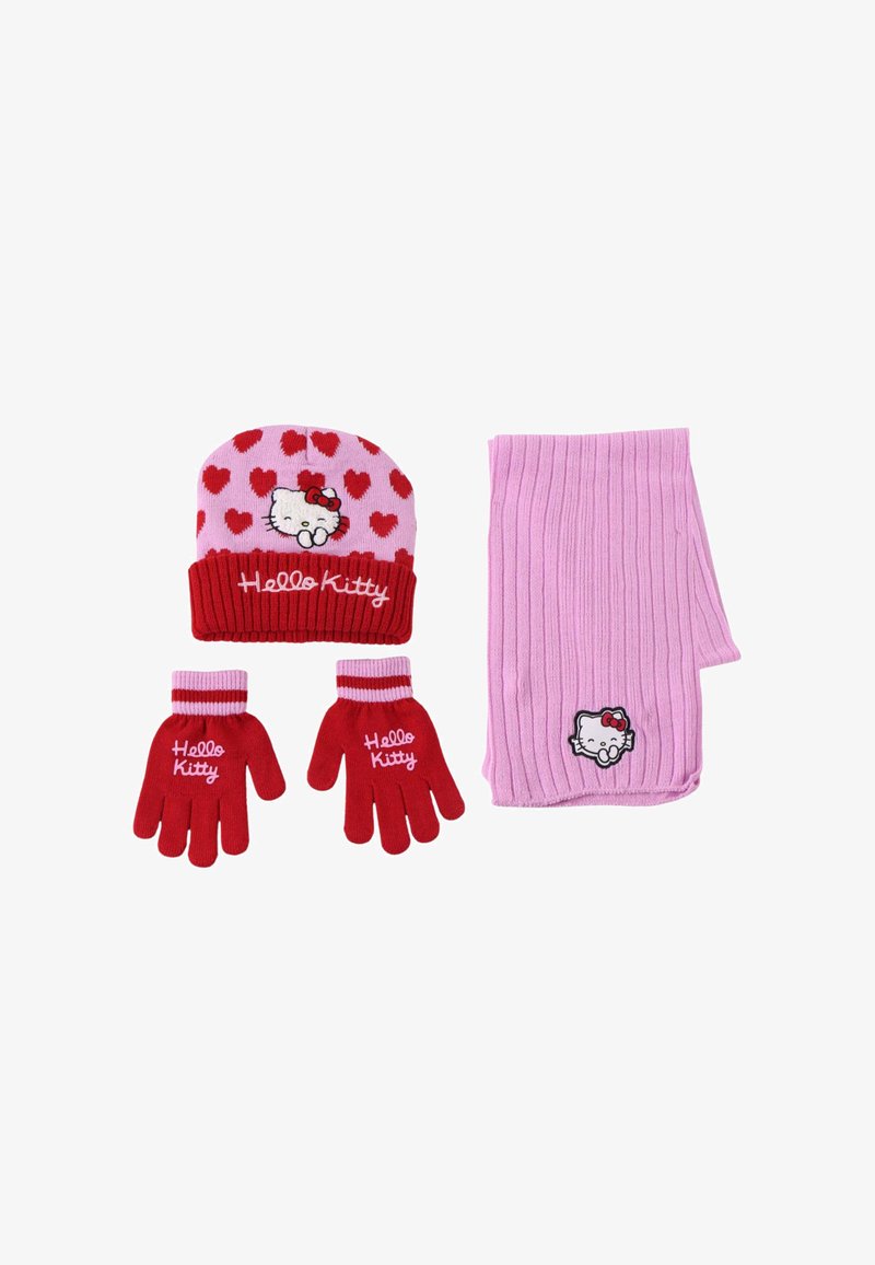 Hello Kitty winteraccessoireset: rode handschoenen, roze geribbelde sjaal en roze muts met rode harten, met Hello Kitty ontwerp en branding.
