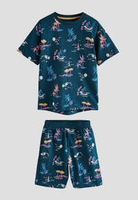 Set de pijama din bumbac navy cu mânecă scurtă, prezentând grafica colorată cu tematică de plajă, inclusiv palmieri și valuri, într-o croială lejeră.