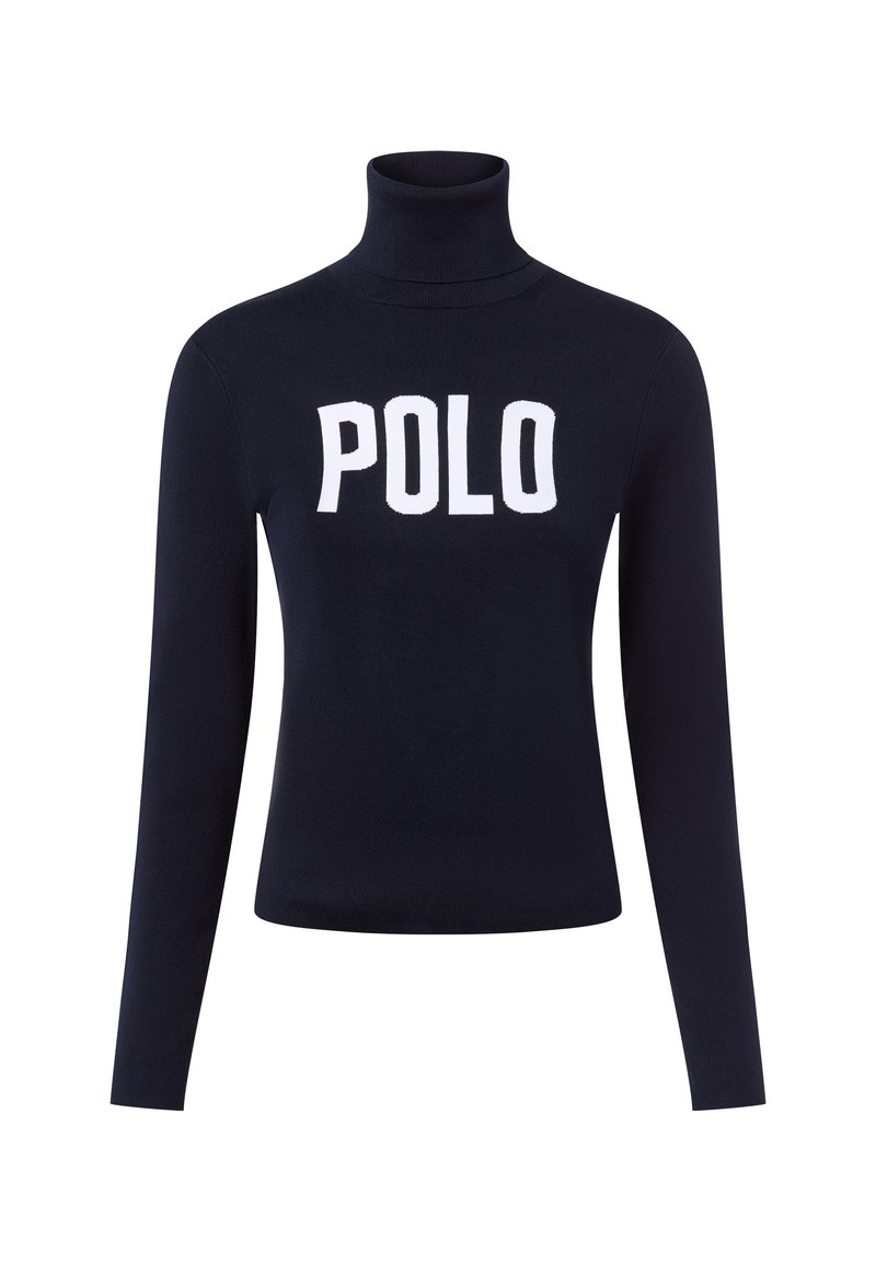 Pull en col roulé navy en tissu tricoté avec le lettrage blanc audacieux "POLO" sur la poitrine. Manches longues, design ajusté.