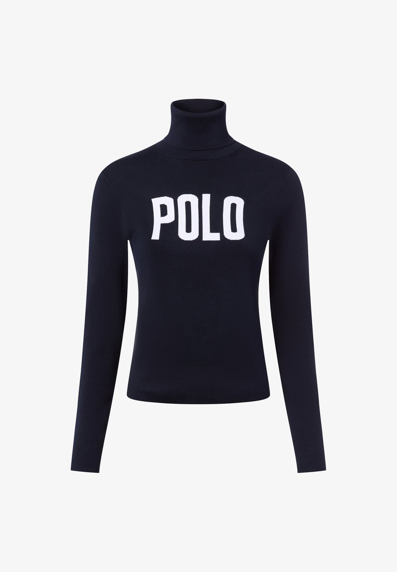 Pull en col roulé navy en tissu tricoté avec le lettrage blanc audacieux "POLO" sur la poitrine. Manches longues, design ajusté.